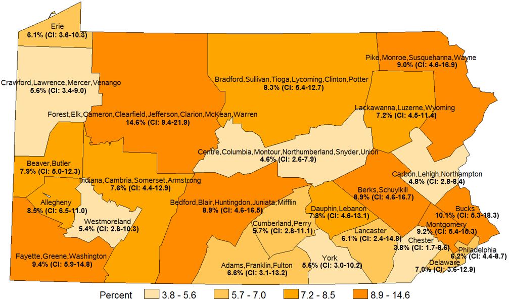 Ever Told They Have COPD, Emphysema or Chronic Bronchitis, Pennsylvania Health Districts 2016